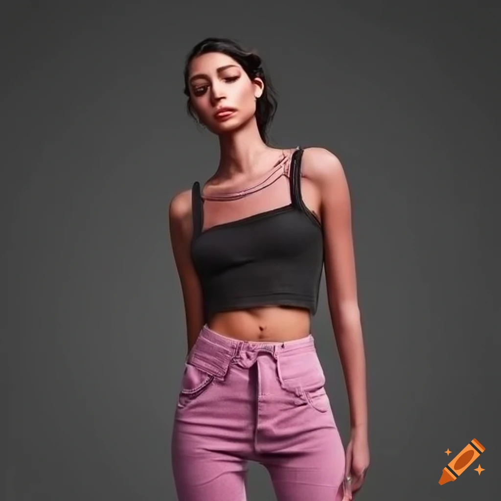 Stylish outfit with anthracite skinny jeans and pink crop top