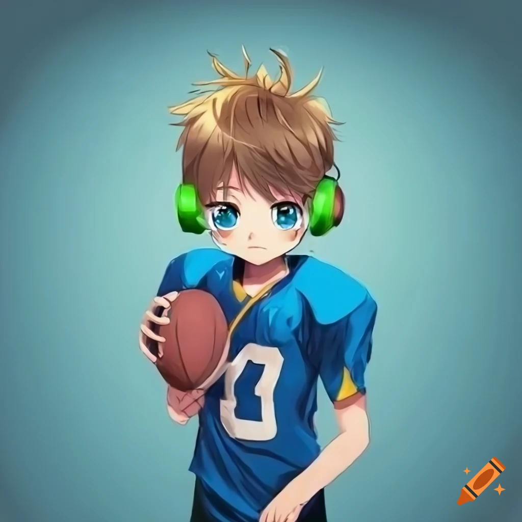 anime boy with blonde hair in football jersey holding football