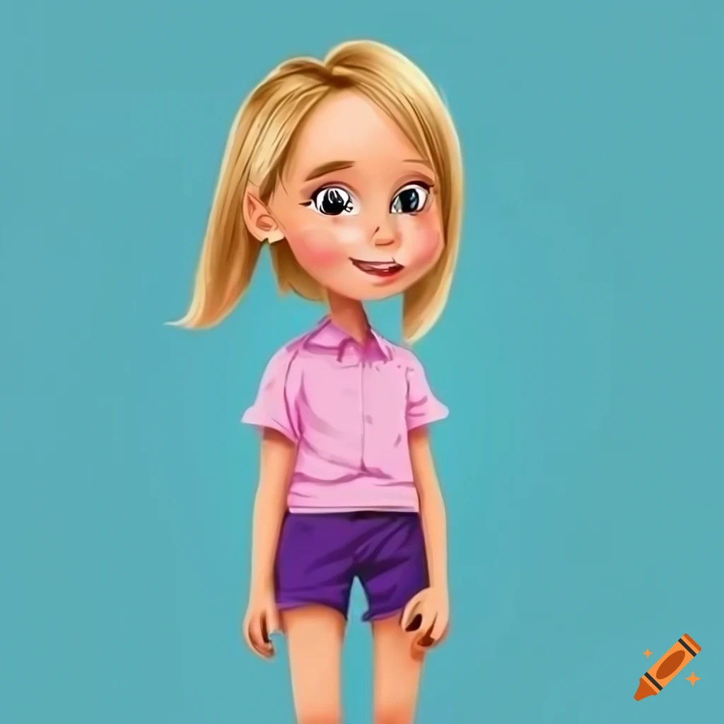 Cartoon Illustration Of A Happy 6 Year Old Girl In Pink Shirt And Purple Shorts On Craiyon