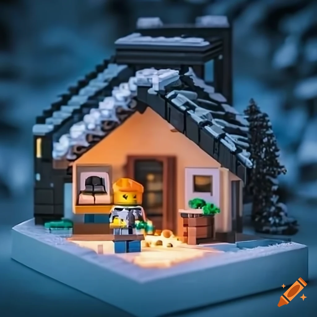 Lego winter village displayed on wooden sideboard