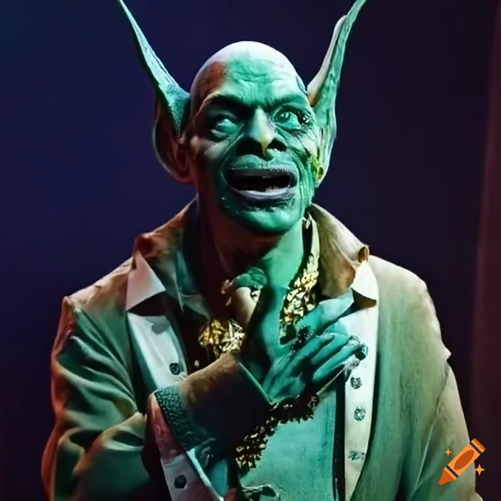 Greenskinned goblin actor portraying king john in a theatrical production
