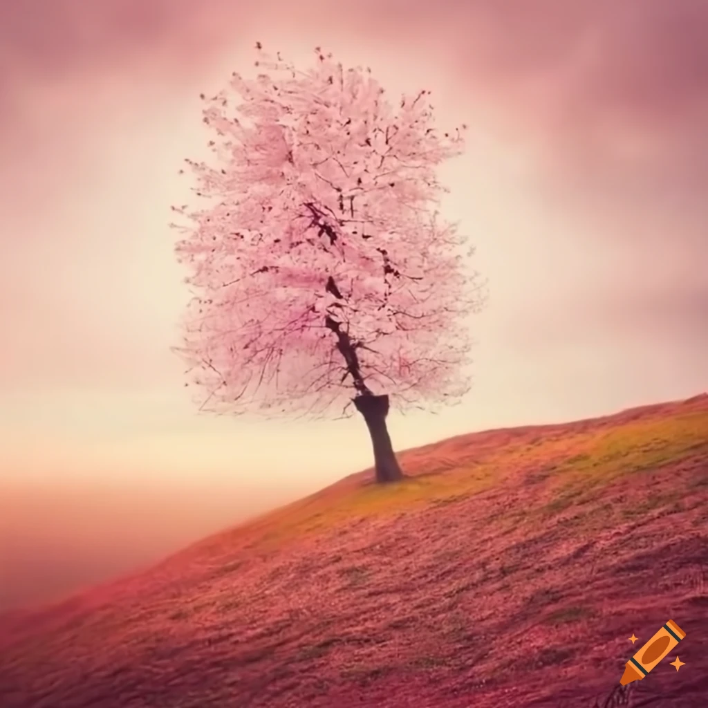 cherry blossom tree on a windy hill