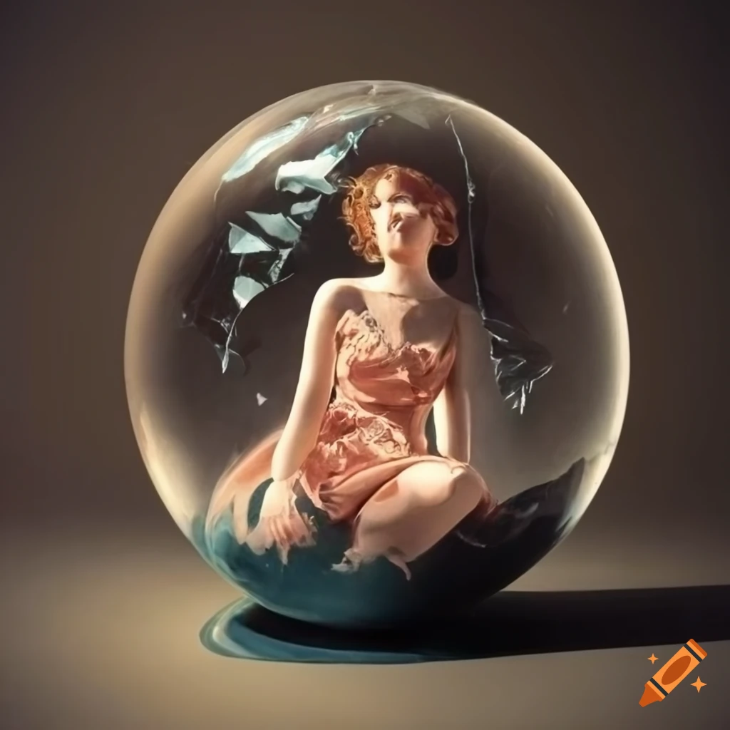 portrait of a woman in a cracked glass sphere