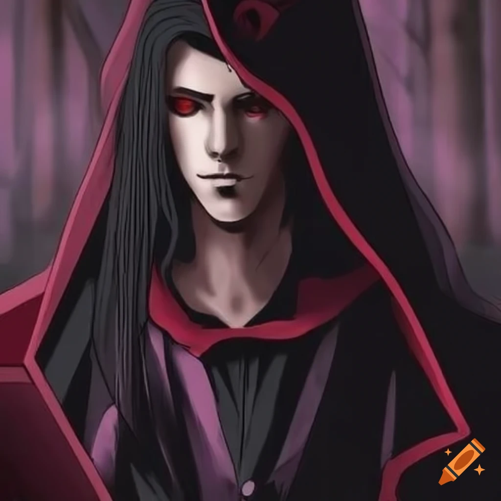 image of a dark magician with long hair and red eyes