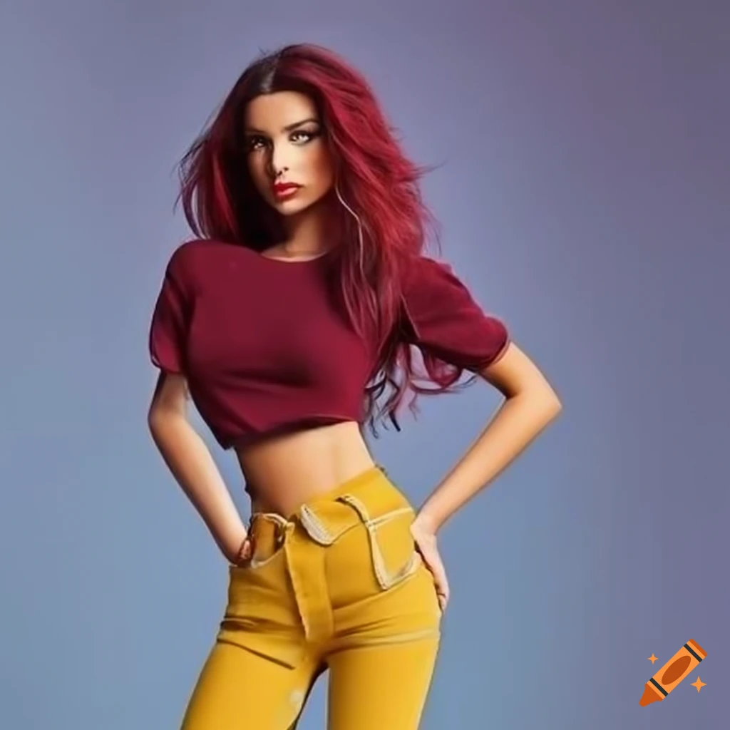 Yellow skinny jeans and wine red crop top on Craiyon