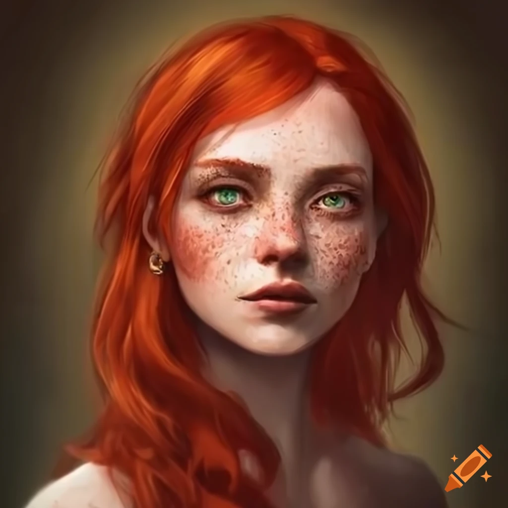 Woman with red hair and green eyes in a fantasy novel on Craiyon