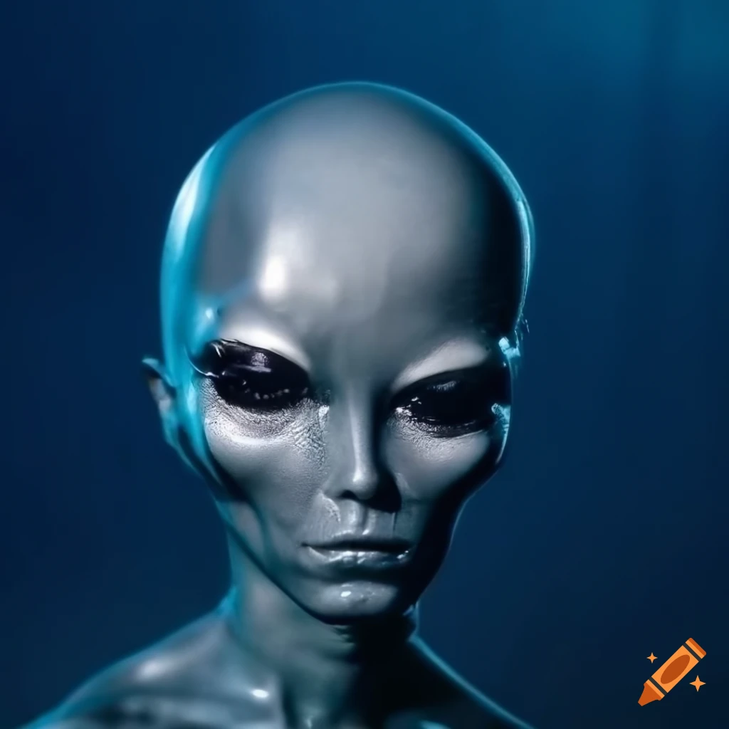 detailed silver alien underwater in futuristic chrome world