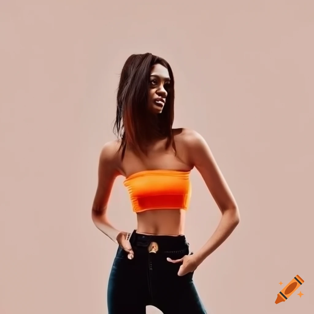 Outfit: orange-black skinny jeans and blue crop top on Craiyon