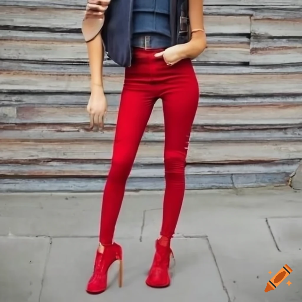 Red skinny jeans and crop top outfit