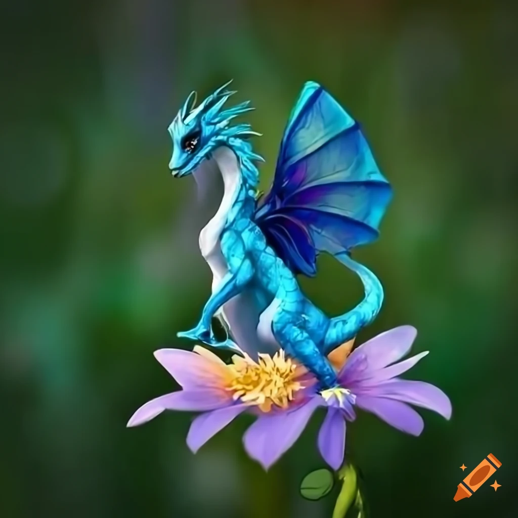 Photo of a blue fairy dragon perched on a flower