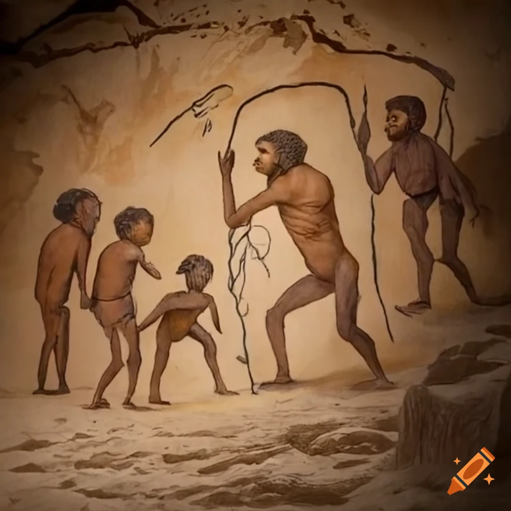 Ancient art or prehistoric art depicts early humans hunting for food