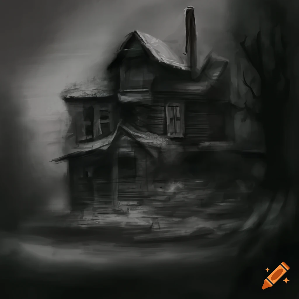 charcoal drawing of a spooky old house