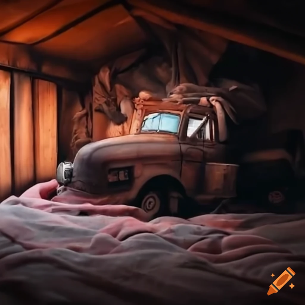 truck parked inside a shed