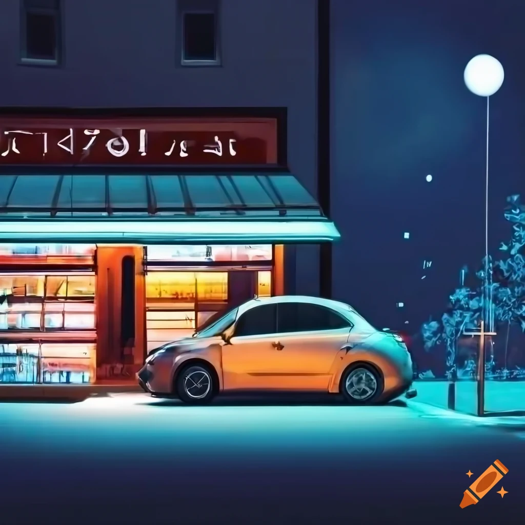 Night scene of a convenience store and open car window on Craiyon