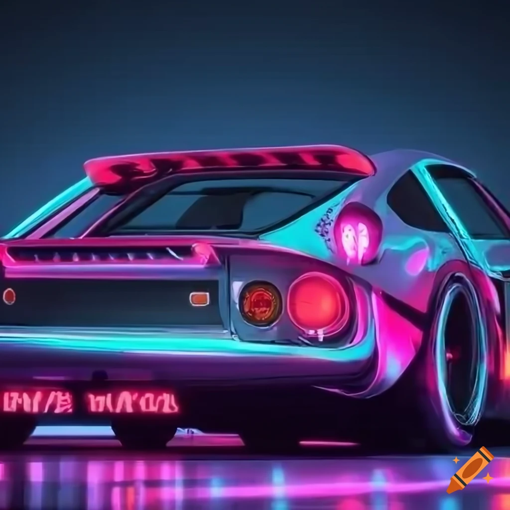 Retro sports car with neon lights in a cyberpunk setting on Craiyon