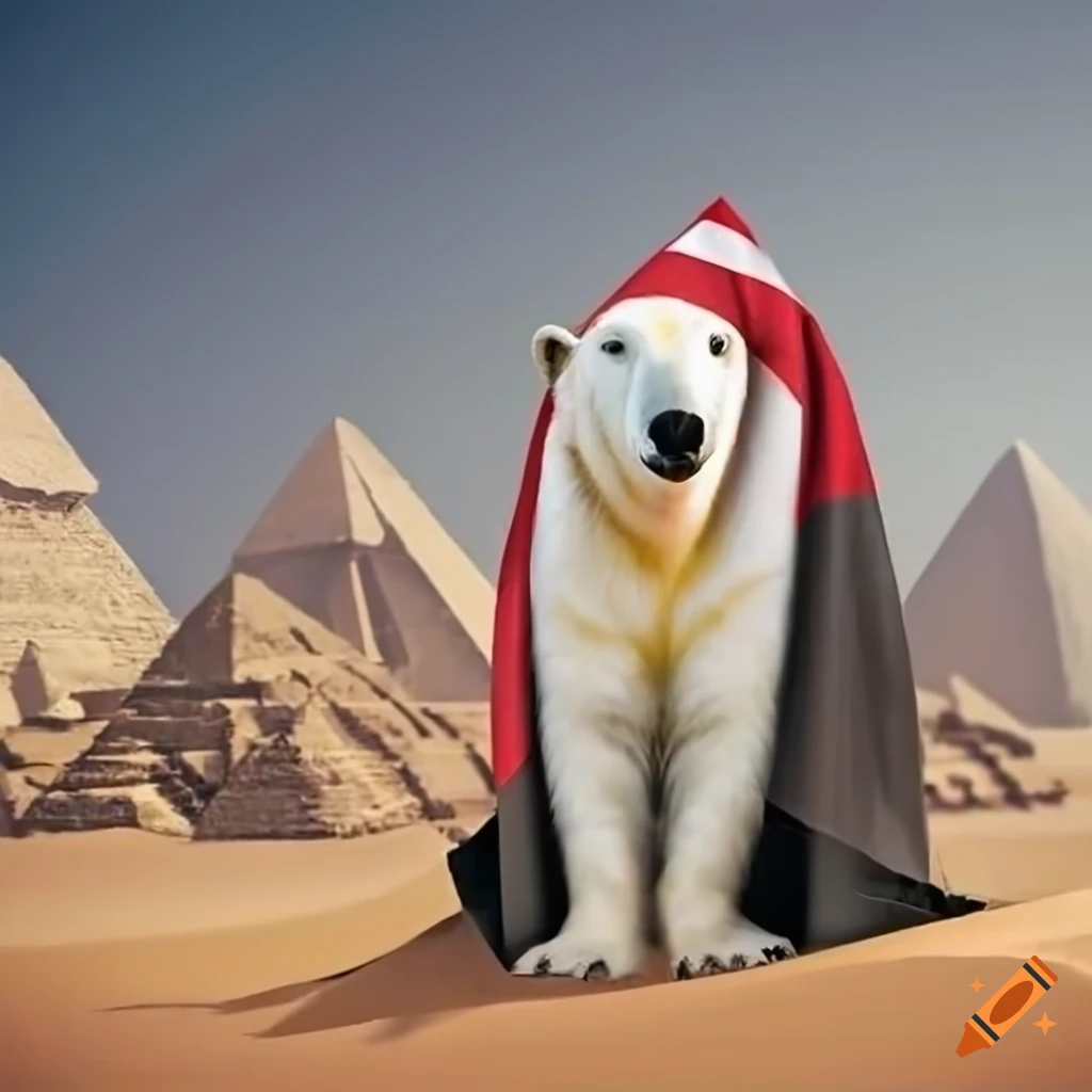 polar bear in Egyptian desert with pyramids in the background