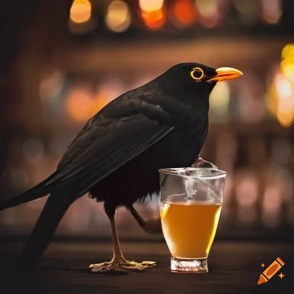 blackbird male enjoying a drink in a pub