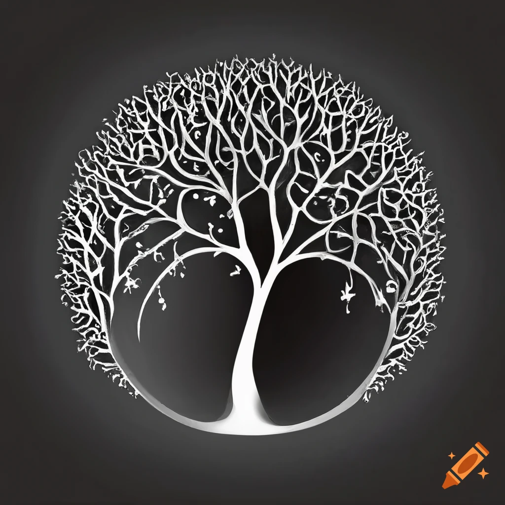 Black artwork depicting the tree of life on Craiyon