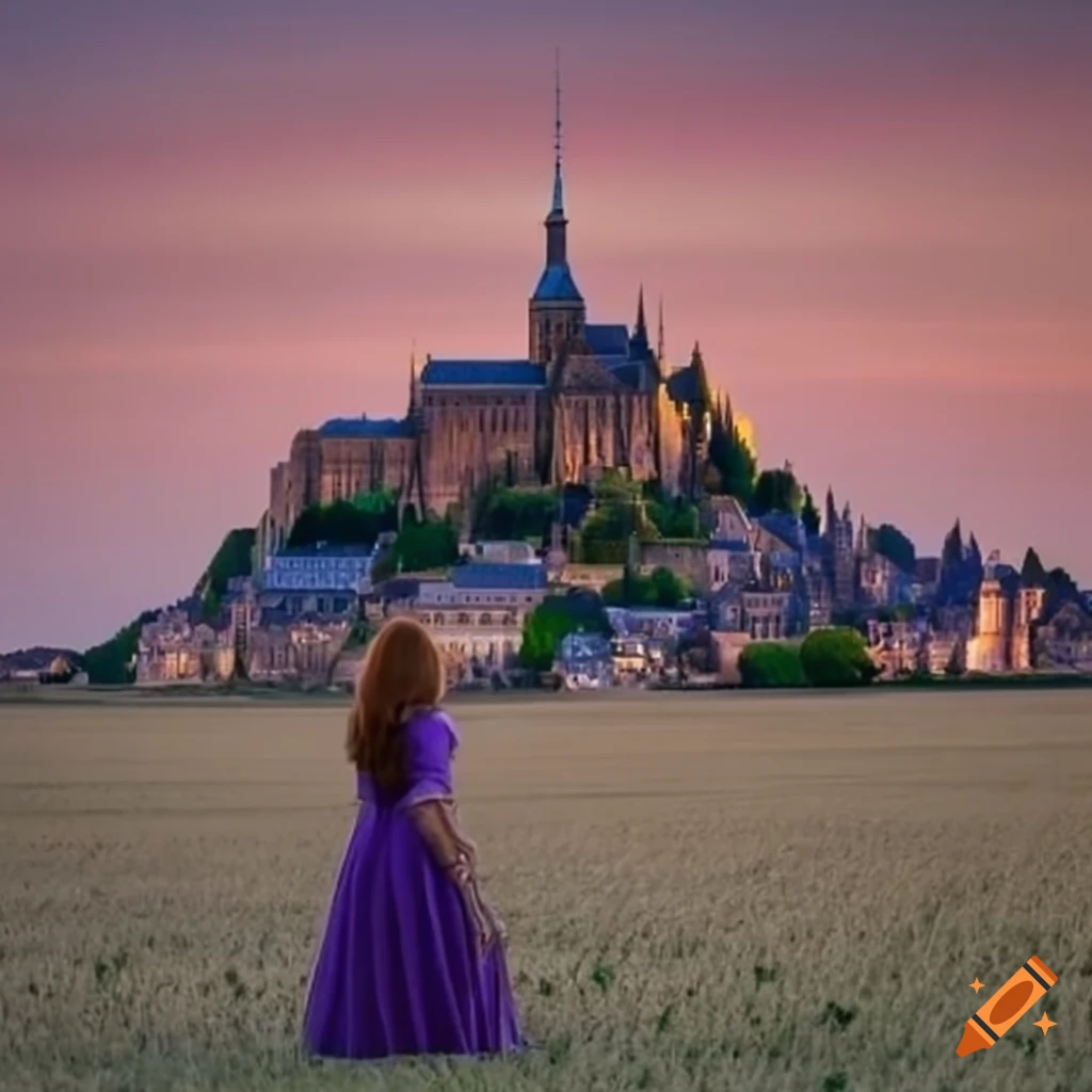 sunrise at Mont Saint Michel castle with a princess in a purple dress