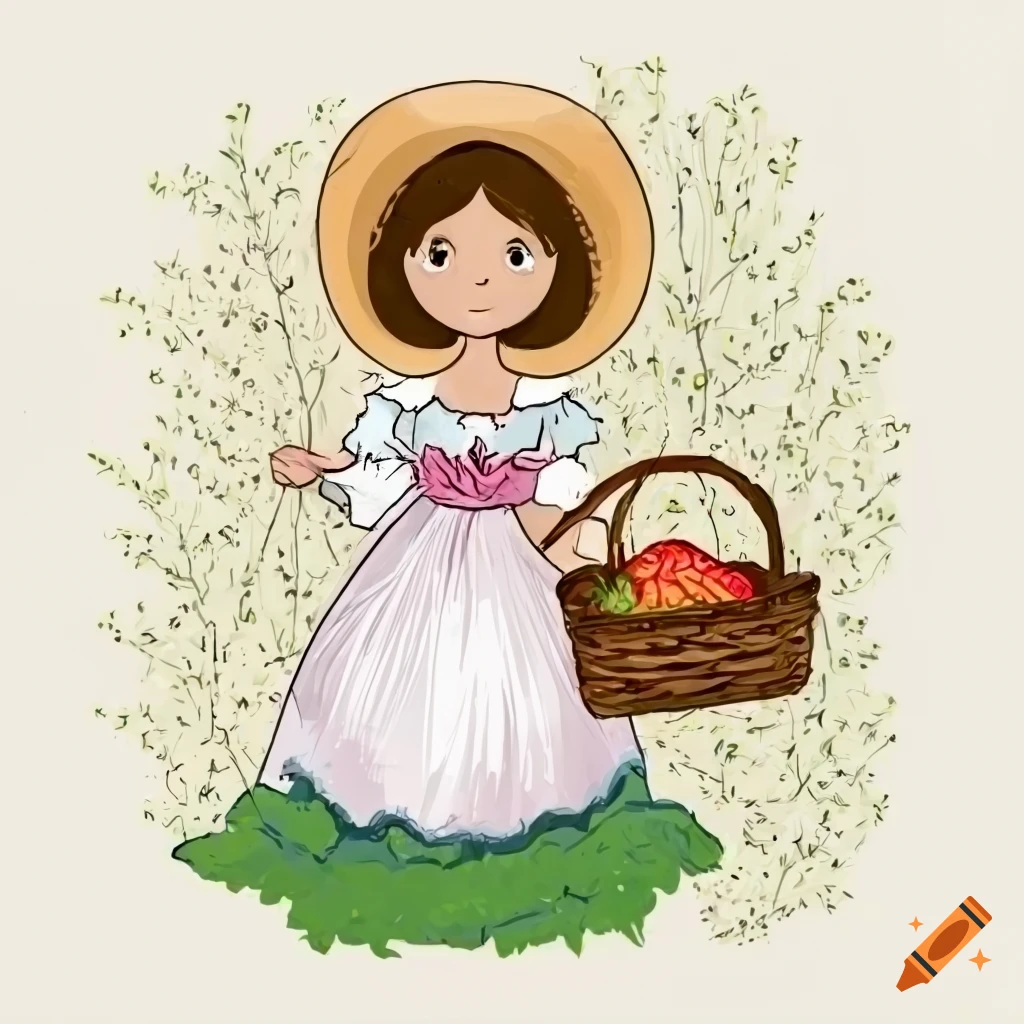 Drawing of a colonial girl with a basket of vegetables