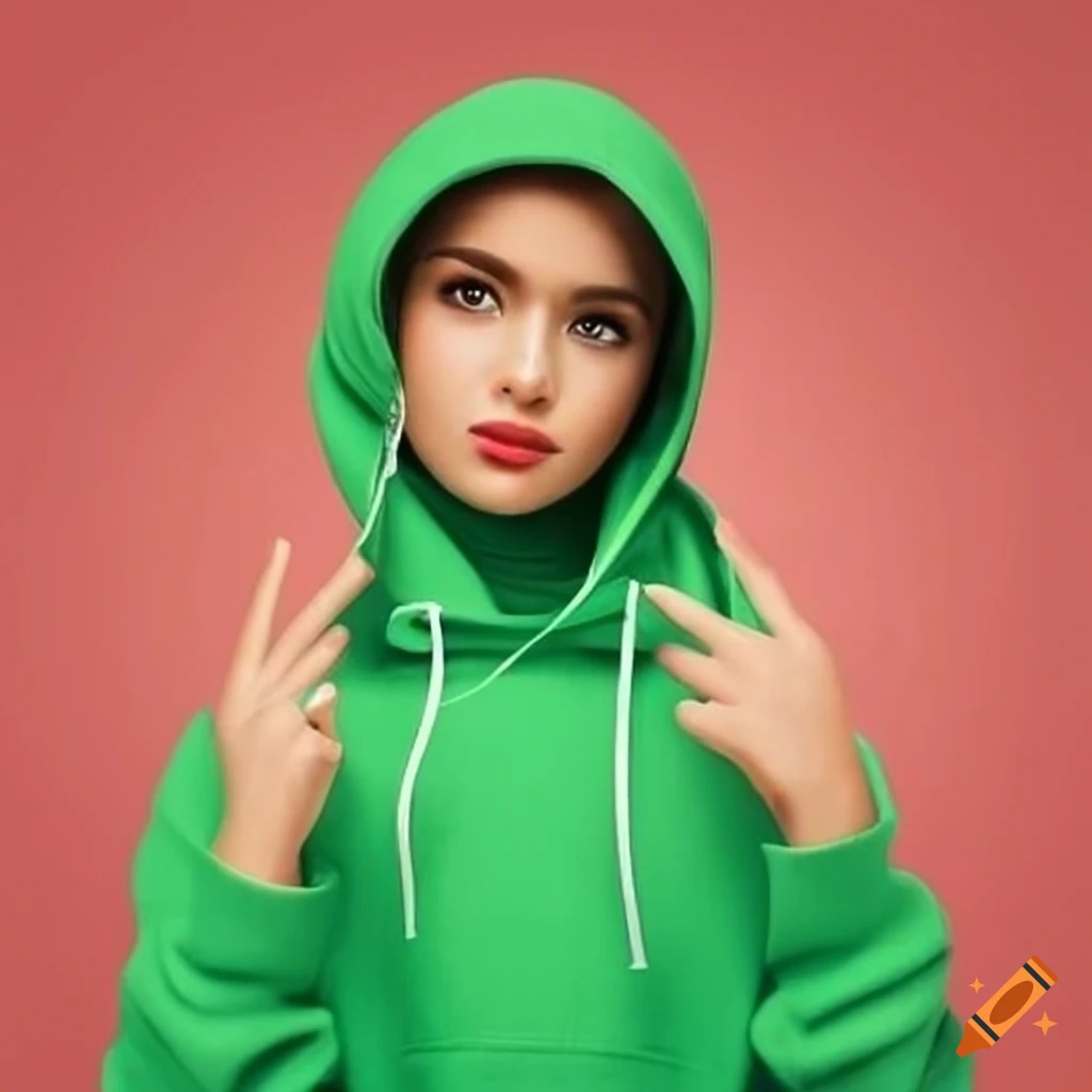 fashionable girl wearing a green hoodie with a Palestinian flag