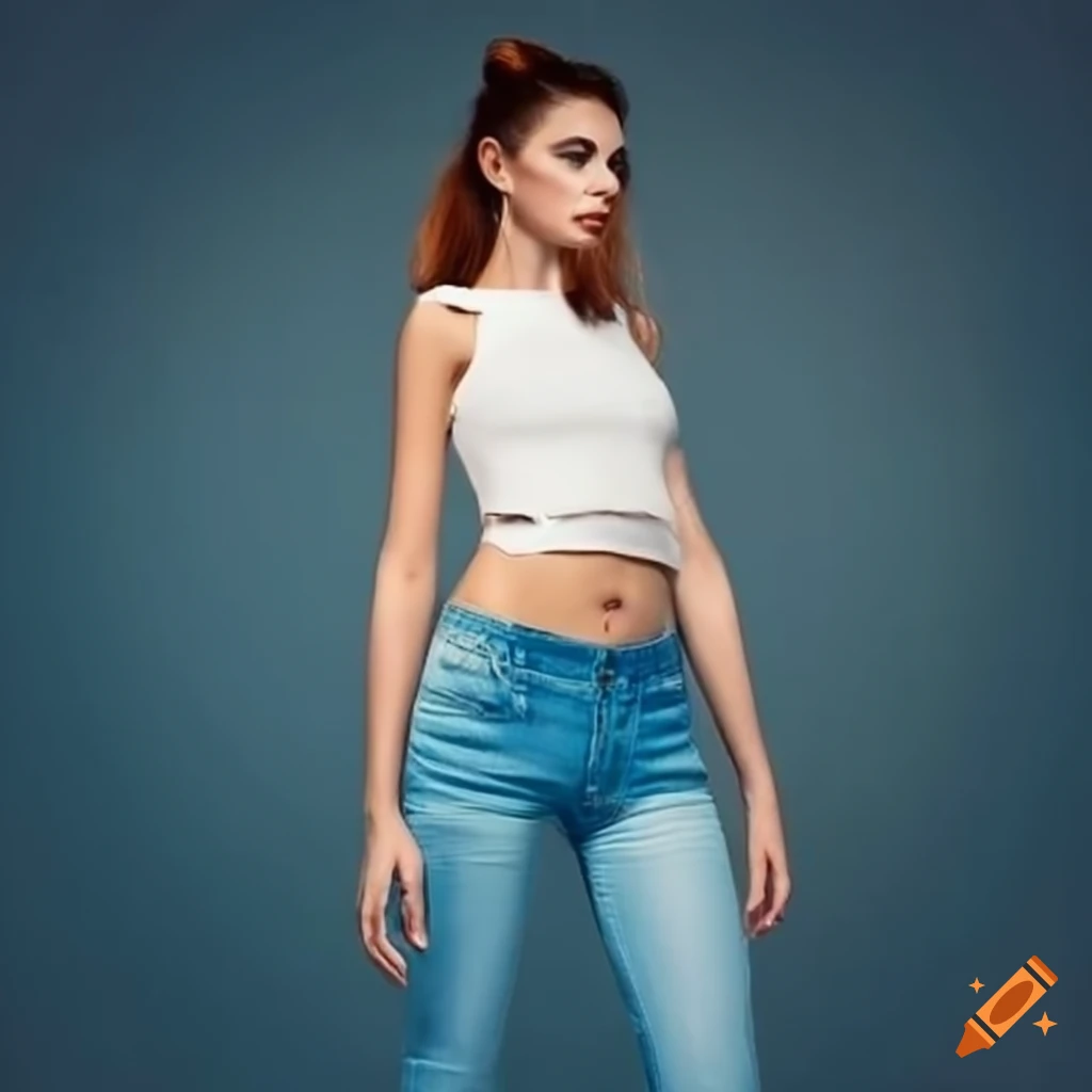 Woman wearing a white crop top and blue skinny jeans