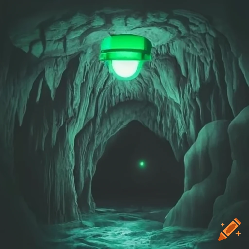 image of a mysterious cave with a green lantern