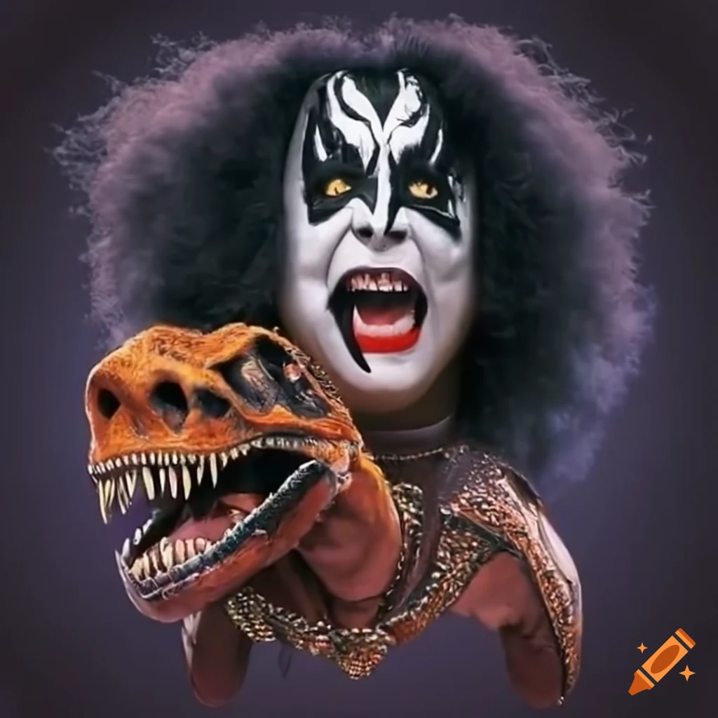 illustration of a T-Rex and members of the Kiss band