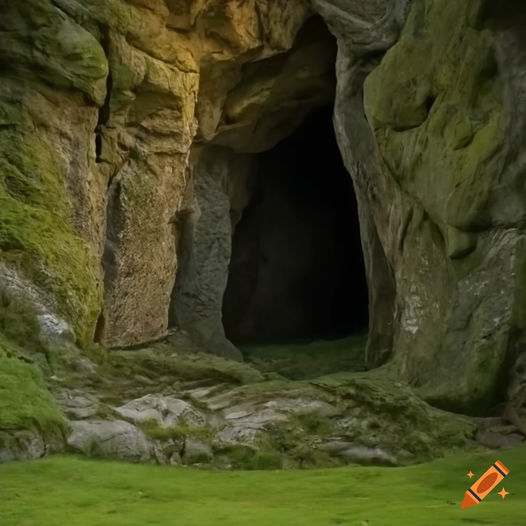 A breathtaking view of a cave entrance surrounded by lush lawns