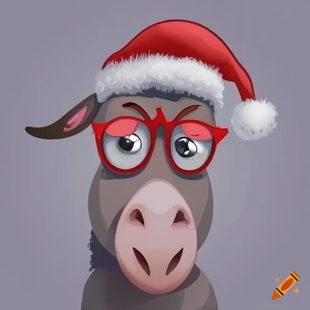 cartoon donkey with red glasses wearing santa hat