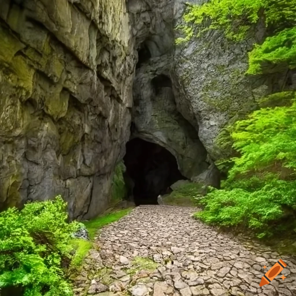 Scenic view of a cave entrance surrounded by steep rock walls