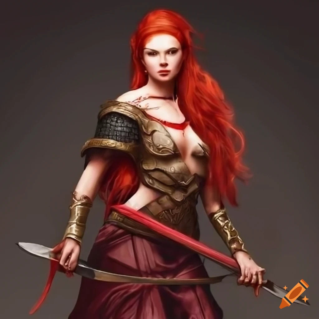 A beautiful woman wearing brass armor wielding a sword, fantasy art style  on Craiyon