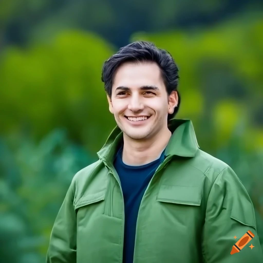 Smiling Man With Short Wavy Black Hair In Green Coat 8453