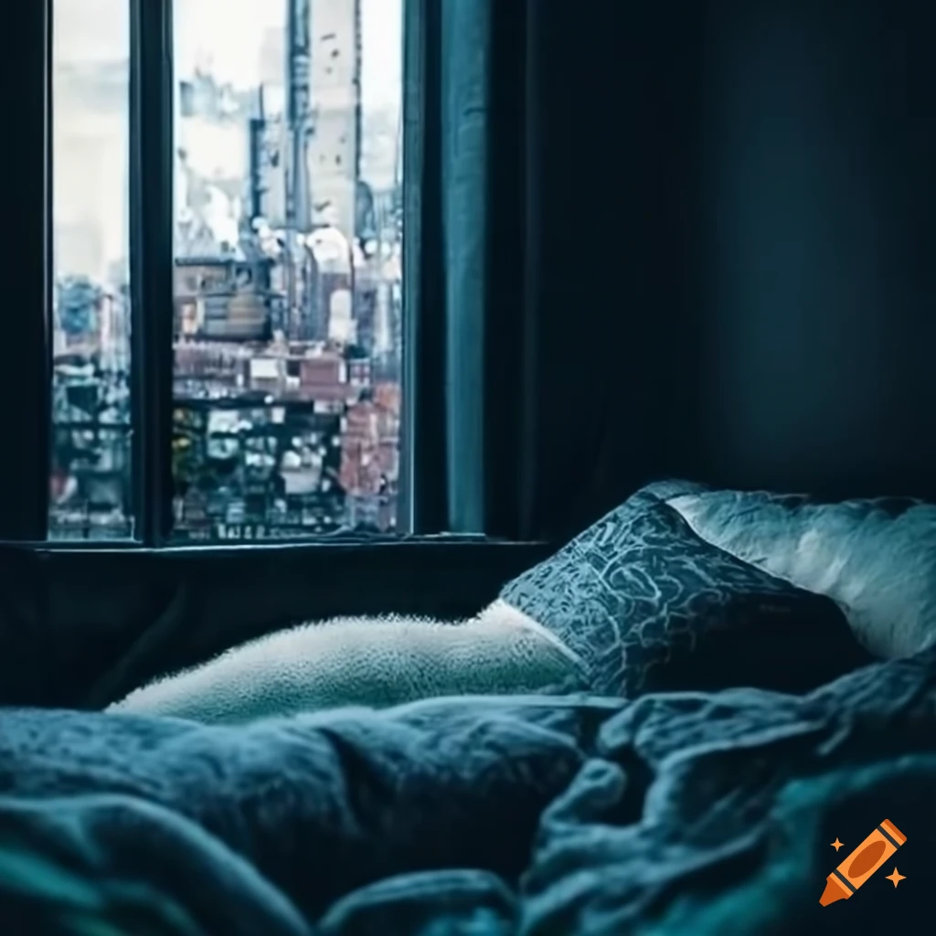 cozy bed with a view of rainy city