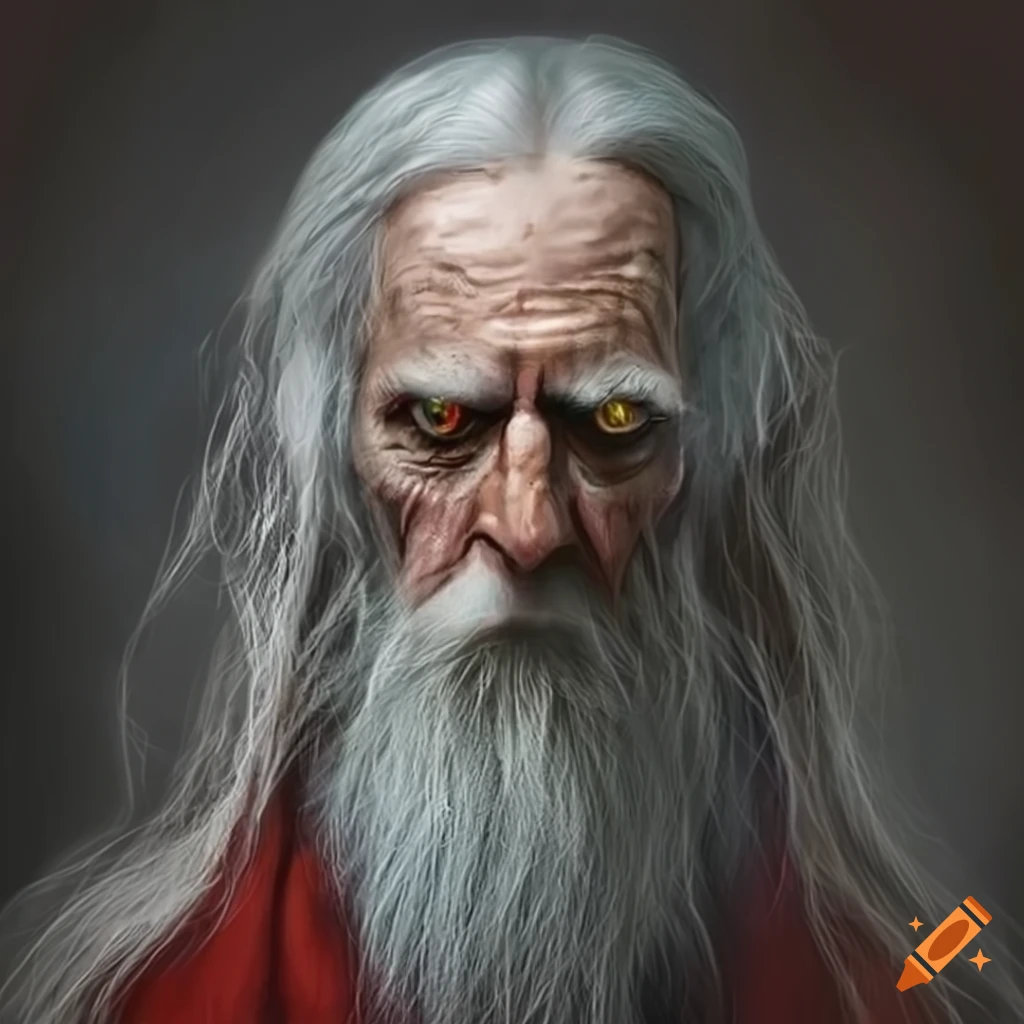 hyperrealistic painting of an evil wizard with grey hair and long beard
