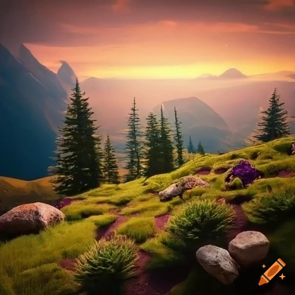 photo of a magical landscape with a crystal in the mountains