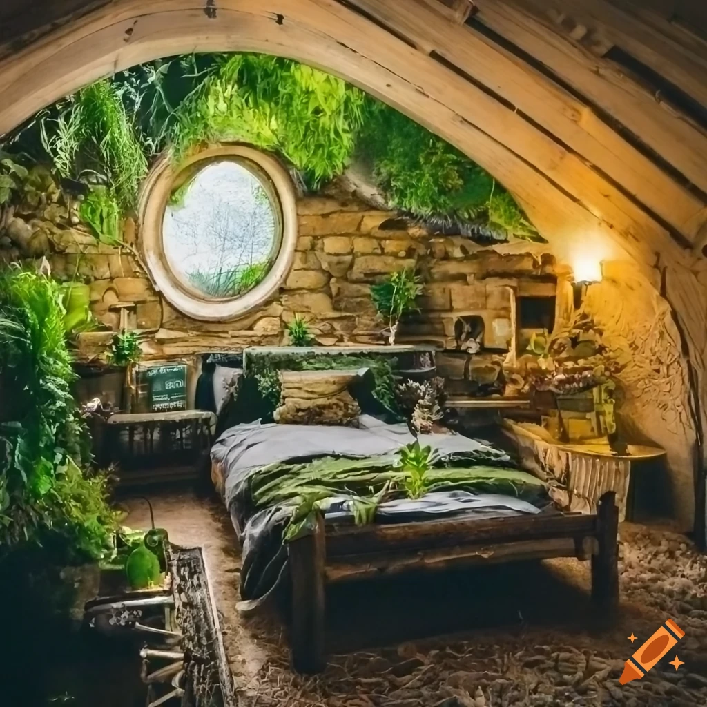 Hobbit bedroom with lush vegetation and water features on Craiyon