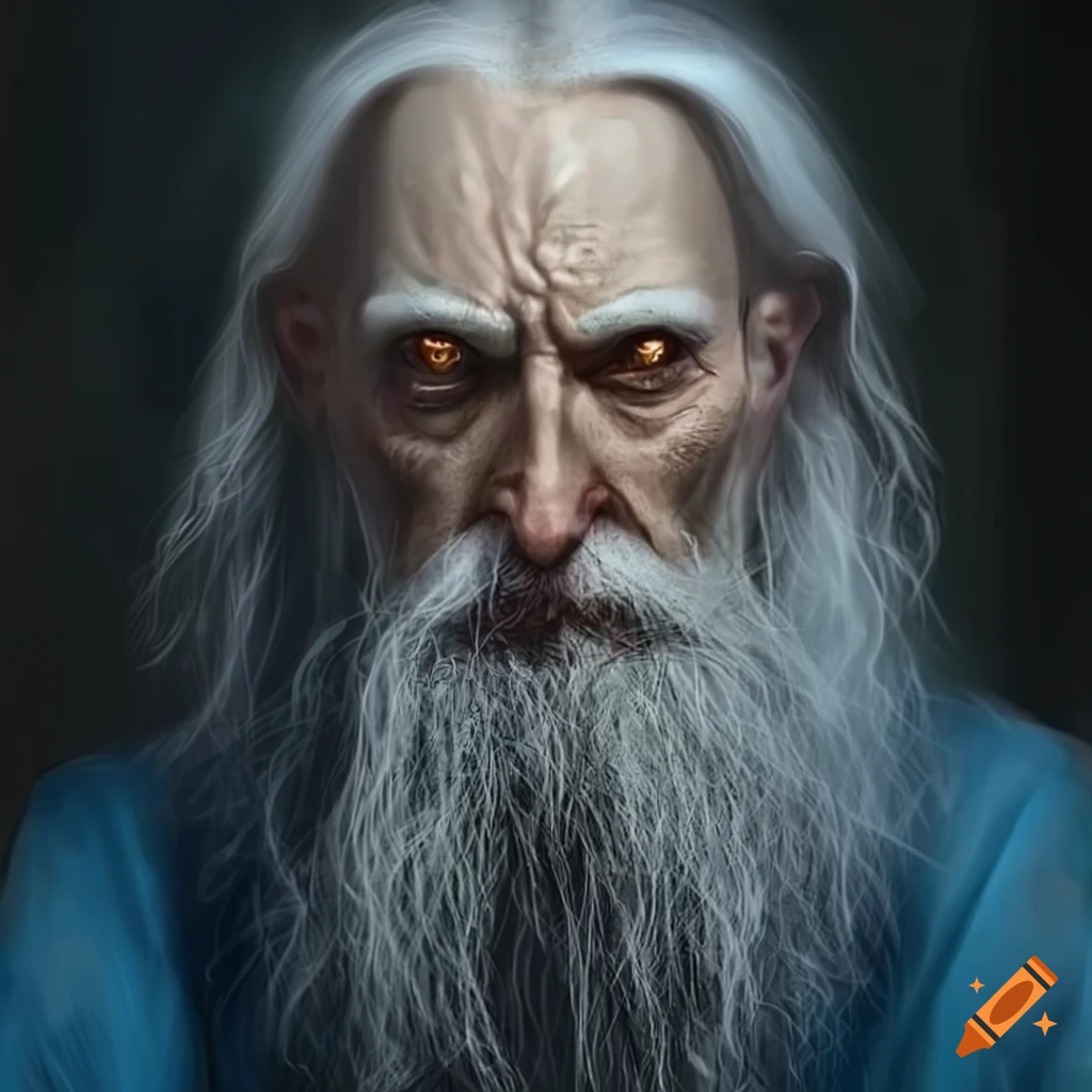 evil wizard with grey hair and a long beard in blue robe