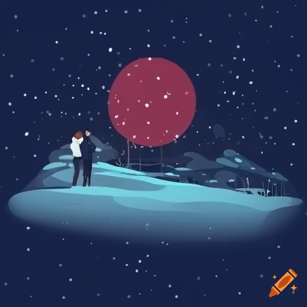 minimalistic illustration of a couple in snowy landscape