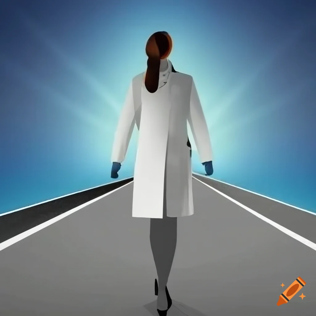 photo of a female chemist walking on a road
