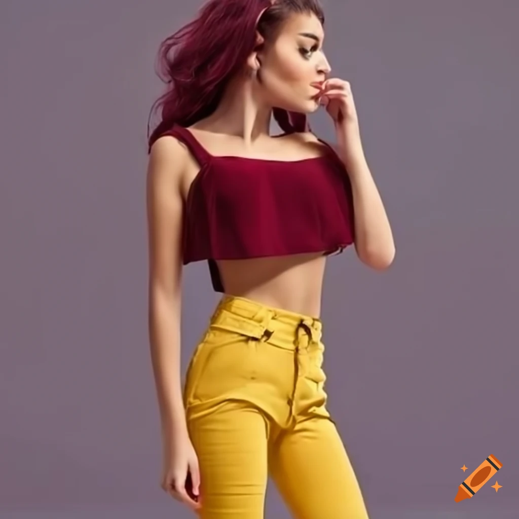 Yellow skinny jeans and wine red crop top
