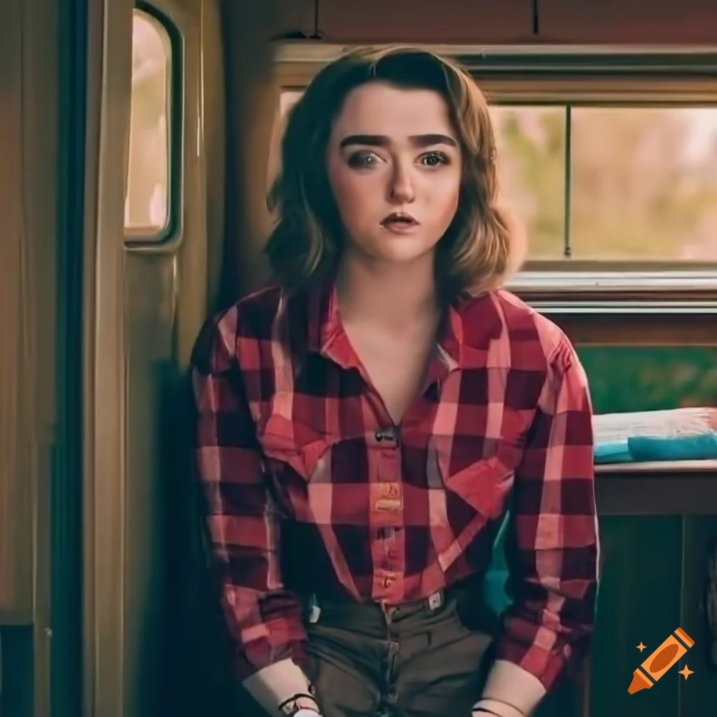 Photorealistic image of a young actress maisie williams in a caravan