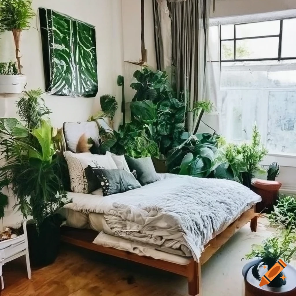Cozy bedroom filled with plants on Craiyon
