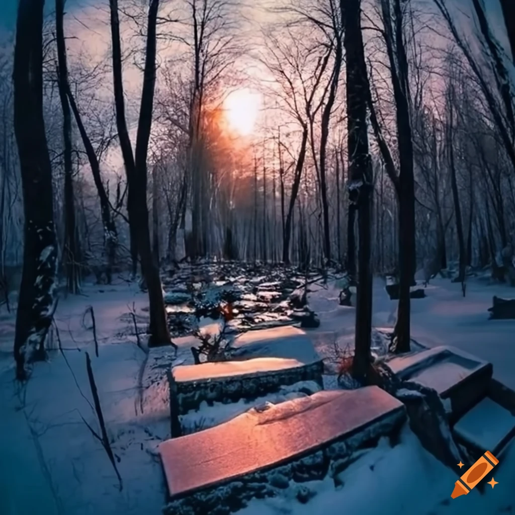 fisheye view of a snowy cemetery path