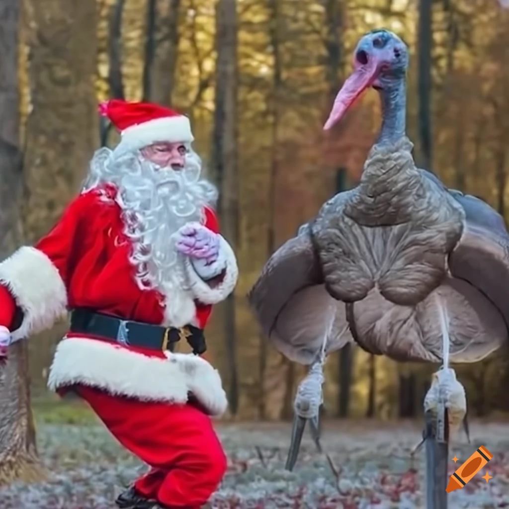 Epic battle between santa claus and a giant turkey on craiyon