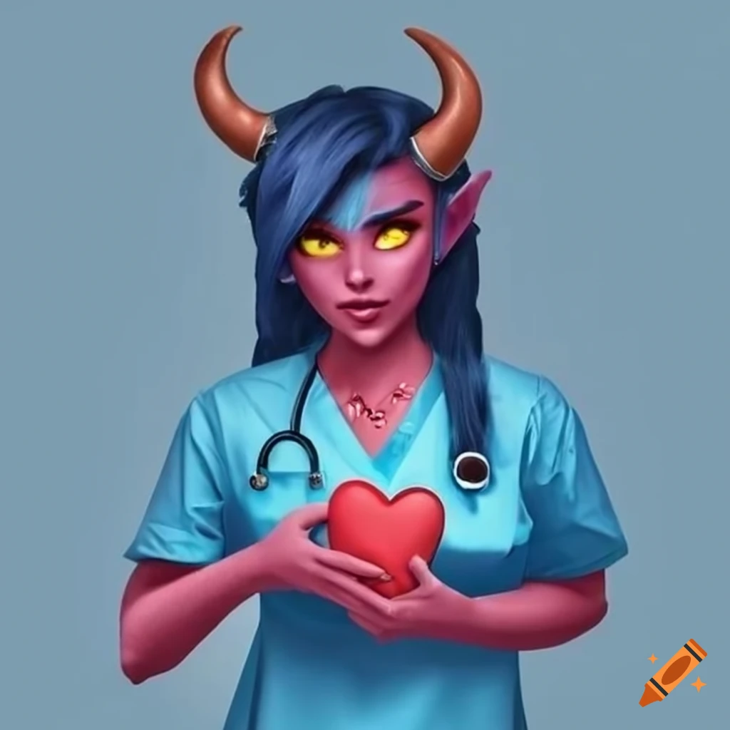 Tiefling nurse holding realistic heart