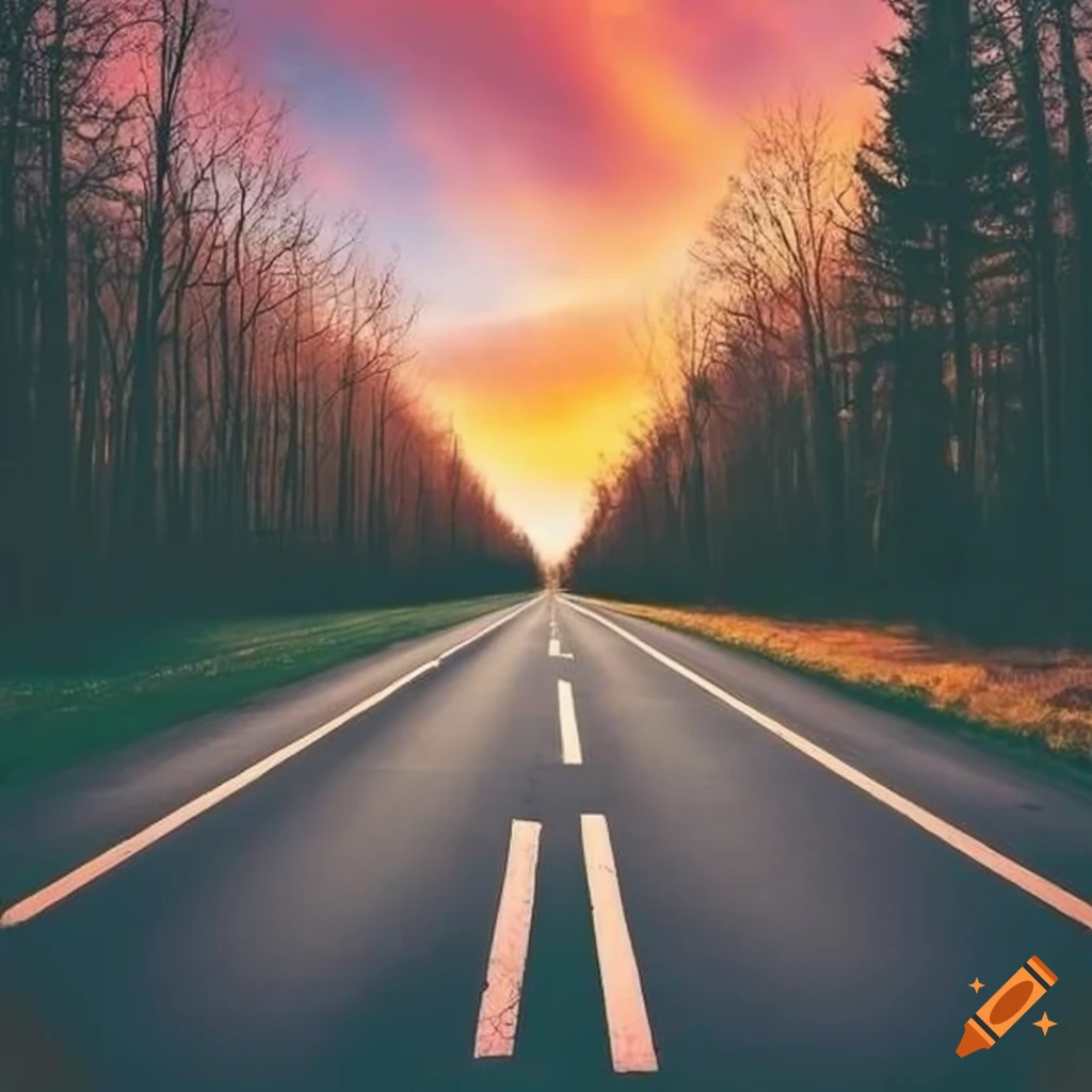 sunset on a long road lined with trees