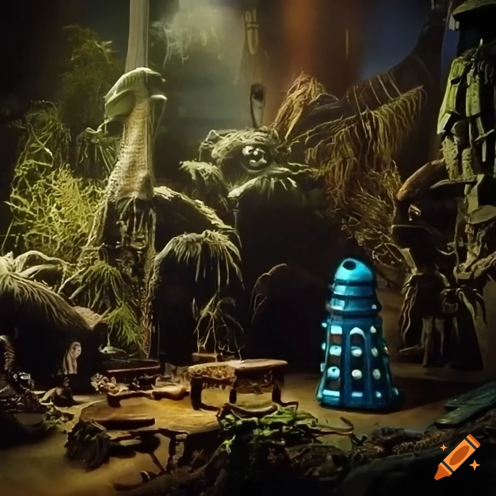Doctor Who TV set diorama with jungle and blue creatures on Craiyon