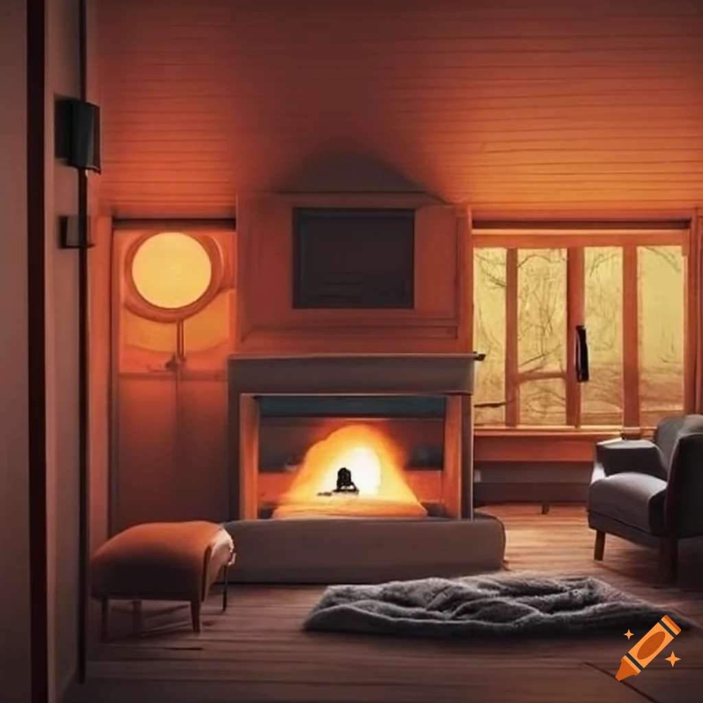 Cozy cabin living room with orange lighting on Craiyon