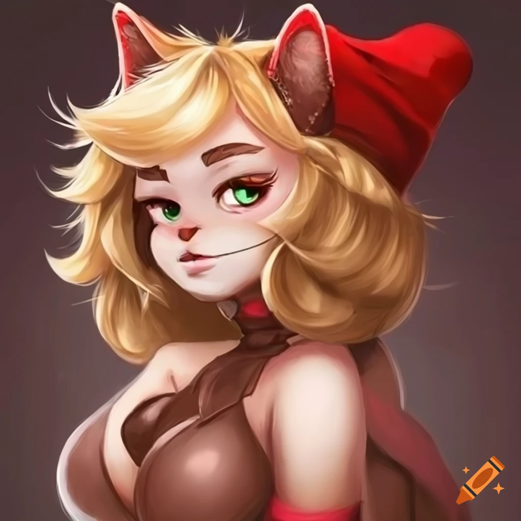 chocolate-colored catgirl with blonde hair and red hat